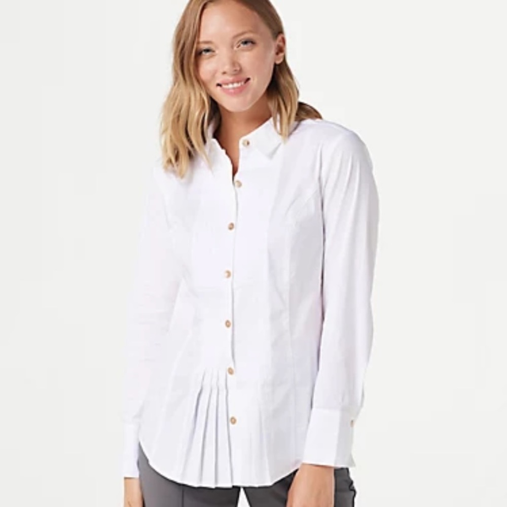 Joan Rivera tuxedo blouse sold on QVC.